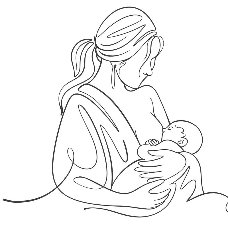 Line drawing of a mother breastfeeding her baby