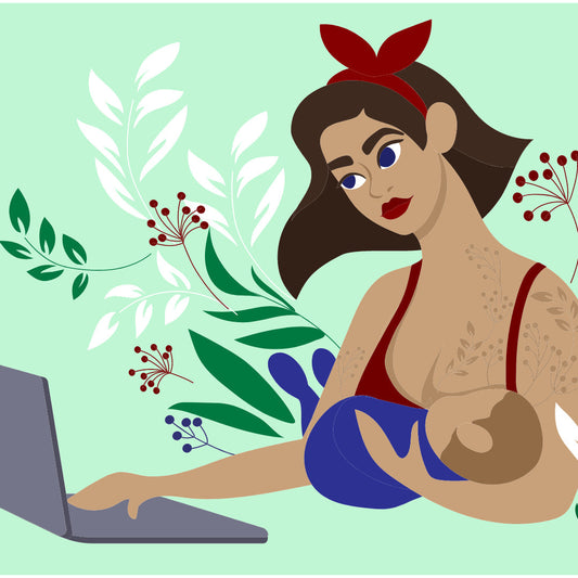 Illustration of a woman breastfeeding while working at a laptop