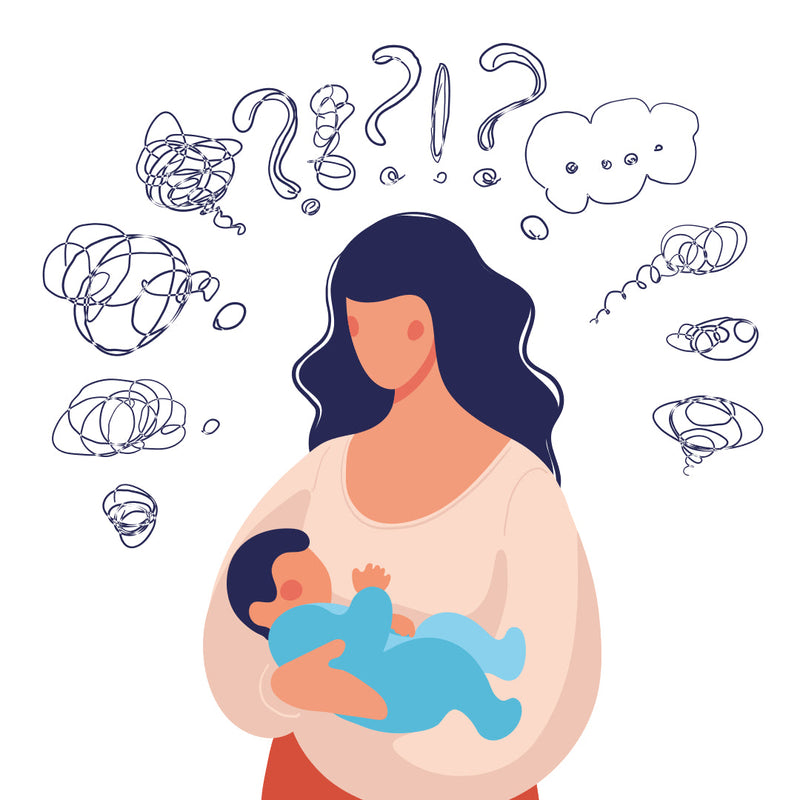 Illustration of a confused mother holding a newborn