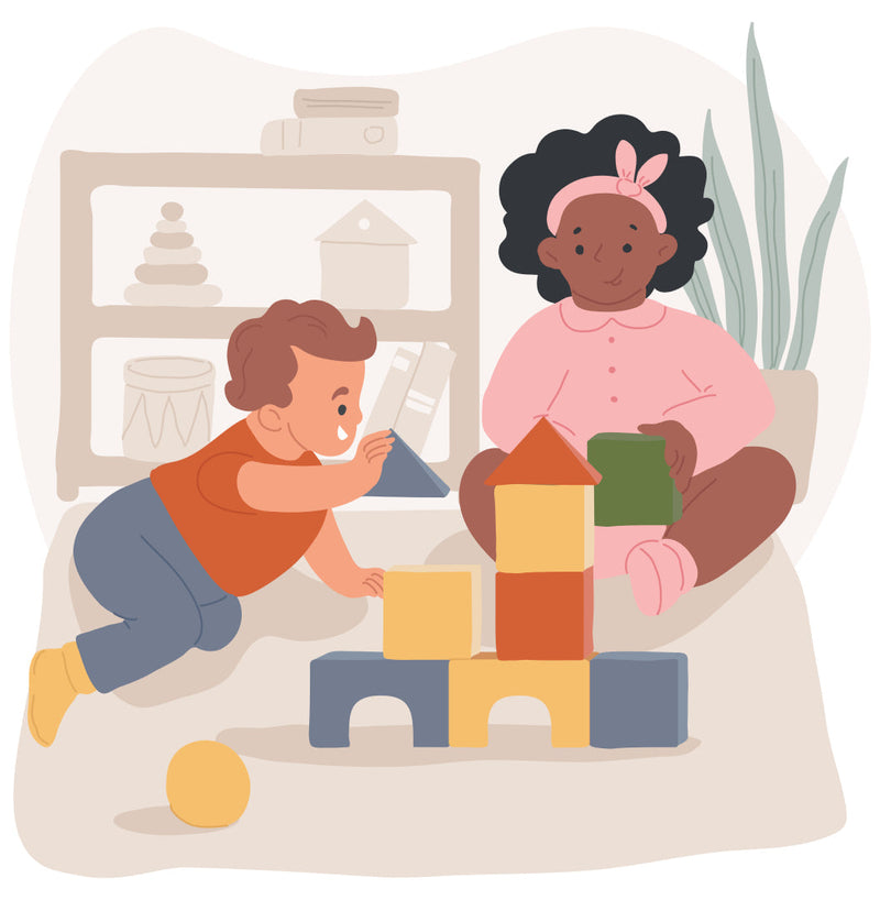 Illustration of young children at daycare playing with blocks