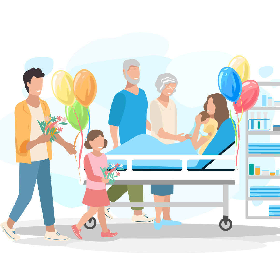 Illustration of a family visiting a mother and newborn baby in hospital