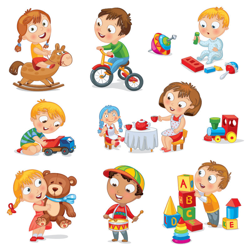 Illustration of children playing with various toys