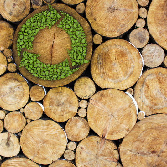 A wall of cut logs with the recycling logo growing in green leaves